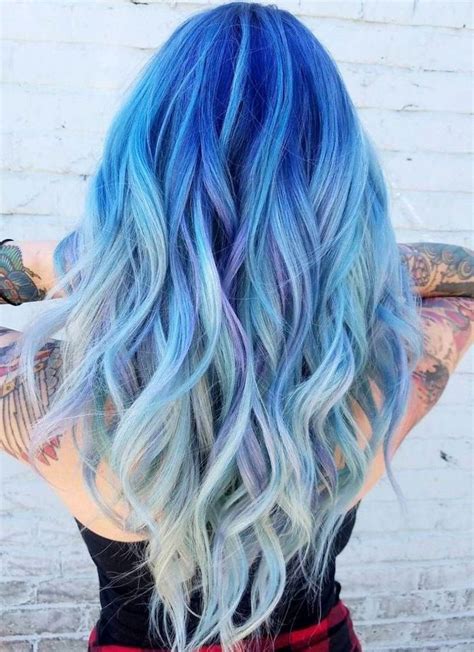 Sleeve Tattoos Dark Blue To Light Blue And Purple Long Wavy Hair