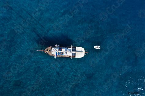 Sailboat View From Above Beautiful Boat In The Tourquise Sea Stock