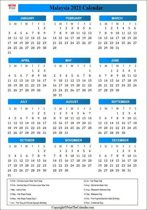 Malaysia Calendar 2021 With Malaysia Public Holidays