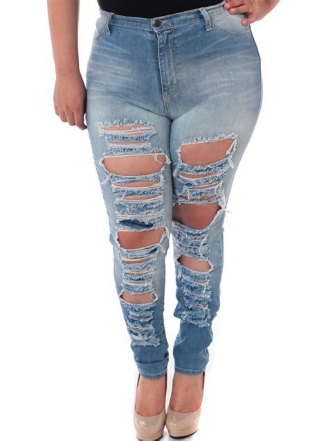 Plus Size Ripped Designer Light Denim Jeans Plussizefix