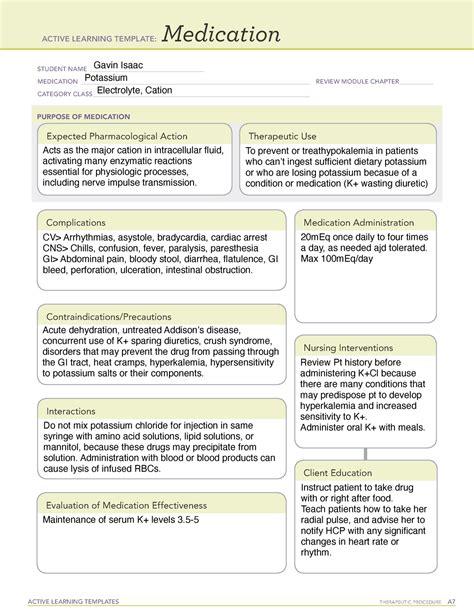 Medication Potassium Active Learning Template Active Learning