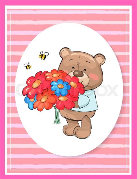 Teddy Bear With Bouquet Of Colorful Stock Vector Colourbox