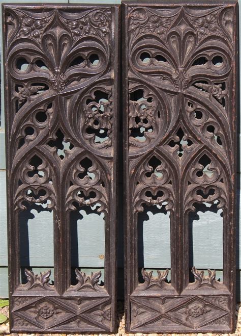 Stunning Pair Of Gothic Tracery Panels Medieval Oak Carving