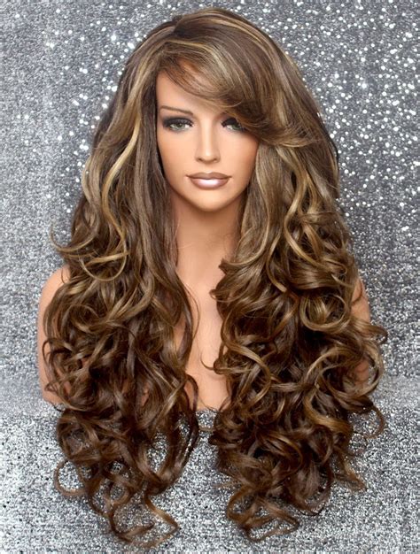 Beautiful Human Hair Blend Brown Carmel And Blonde Mix Long Full Wig With Curls And Bangs And