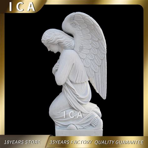 White Marble Kneeling Weeping Angel With Wing Headstone Statue Tombstone China White Marble