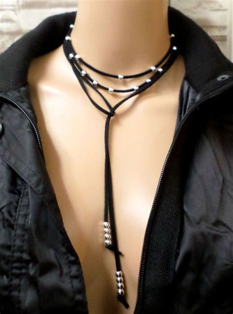 Extra Long Boho Black Suede Silver Bead Multi Wrap Lariat Choker With