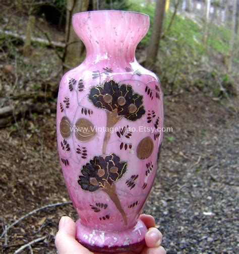 Vintage Murrhina Encased Glitter Glass Vase Ornate Pink Swirl Encased Art Glass Vase Vasa