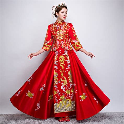 Red Traditional Chinese Gown Wedding Dress New Woman Long Cheongsam Qipao Vestido Oriental