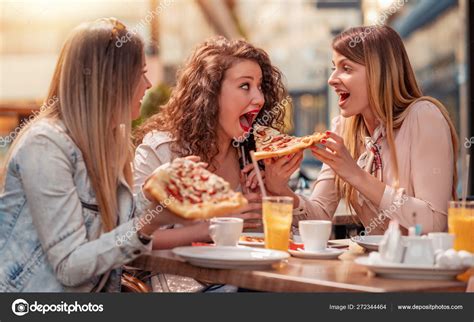Three Cheerful Girls Eating Pizza Outdoor Restaurant People Food Drink