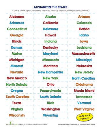 Available on excel and other formats. List of the 50 States in Alphabetical Order | Worksheet ...