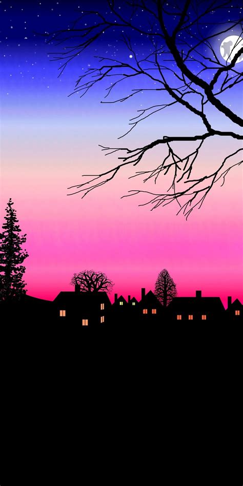 Afterglow Night Silhouette House Tree 1080x2160 Wallpaper