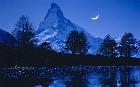 Download Nature Peak Tree Moon Night Blue Mountain Switzerland Evening