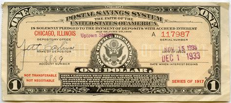 1933 Issued Postal Savings System Series 1917 One Dollar Etsy