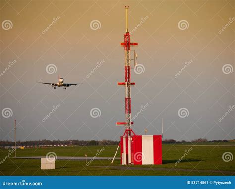 Airport Radio Tower And Land Landing Plane Stock Image Image Of