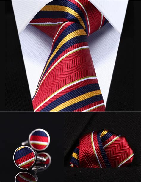 Tzs05r8 Red Yellow Striped 34 Silk Men Tie Necktie Handkerchief