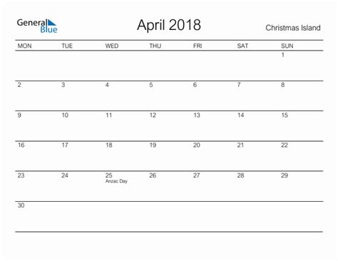 Printable April 2018 Monthly Calendar With Holidays For Christmas Island