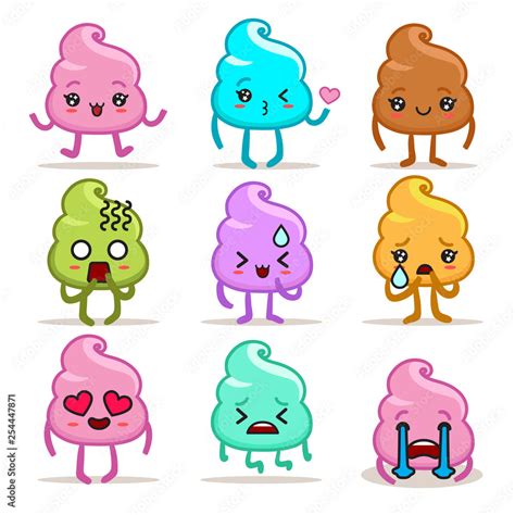 Kawaii Poo Emoji Stickers Colorful Set Cute Poop Character Vector