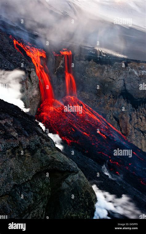Volcanic Eruption Near Eyjafjallajoekull Glacier Hot Lava Flowing Down