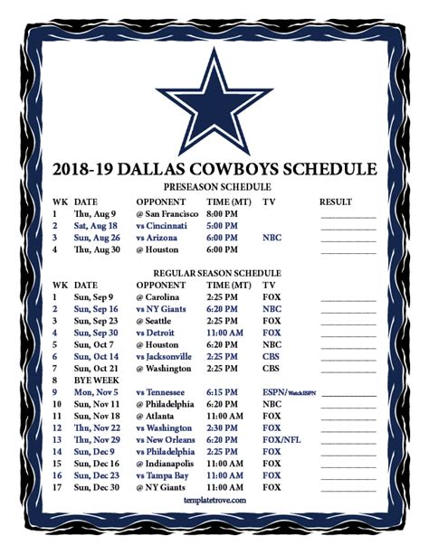 Printable 2018 2019 Dallas Cowboys Schedule