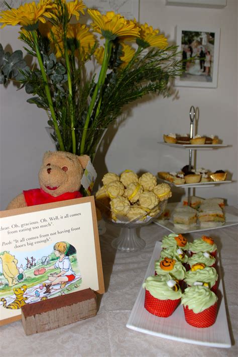 Incorporating different aspects into the pooh themed baby shower, such as hunny bee additions added to the charm of the event; Classic Winnie the Pooh Baby Shower "High tea ideas ...
