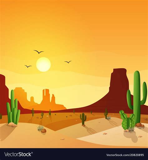 Vector Illustration Of Desert Landscape With Cactuses On The Sunset