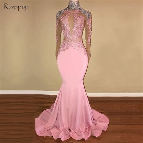 Long Pink Prom Dresses 2019 High Neck Long Sleeves Sheer Nude Applique