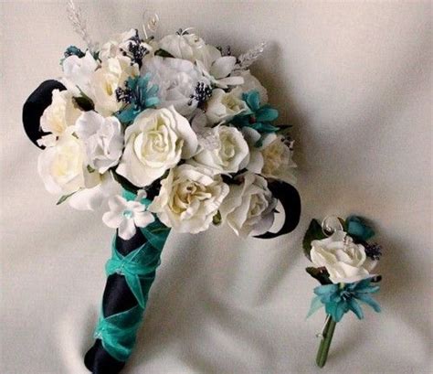 Silk wedding bouquets and boutonnieres. Wedding Boutonnieres | Teal wedding Flowers Silk Corsages ...