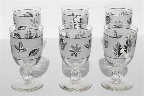 Vintage Libbey Silver Foliage Leaf Print Water Goblets Wine Glasses Set Of 6