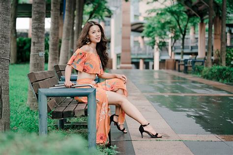 Models Model Asian Bench Brunette Depth Of Field Girl High Heels
