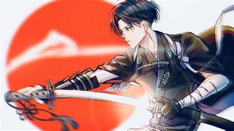 Attack On Titan Levi Ackerman With Sword With Background Of Red Circle