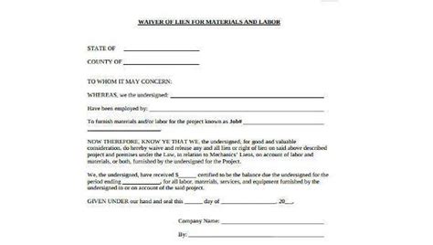 sample lien waiver forms   ms word