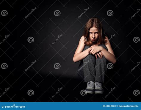 Woman In Depression And Despair Crying On Black Dark Stock Photo