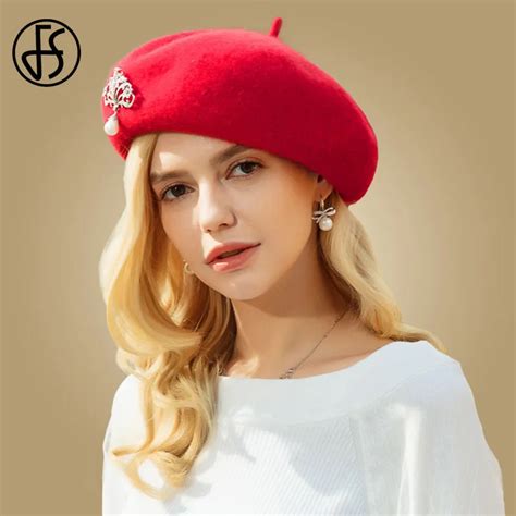 Buy Fs 2019 New Elegant Red Beret Hat Women Winter Vintage Pearls Wool Knitted