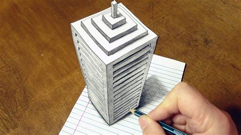 How to draw a 3d skyscraper. Drawing 3D Skyscraper on Line Paper - How to Draw a Big ...