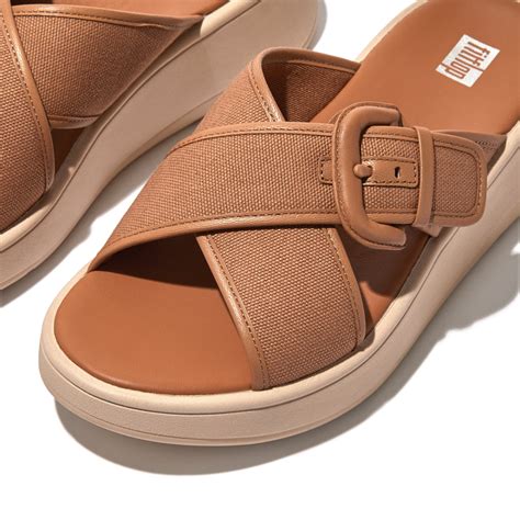 F Mode Buckle Canvas Flatform Cross Slides Latte Tan Fy8 A21 Fitflop Singapore