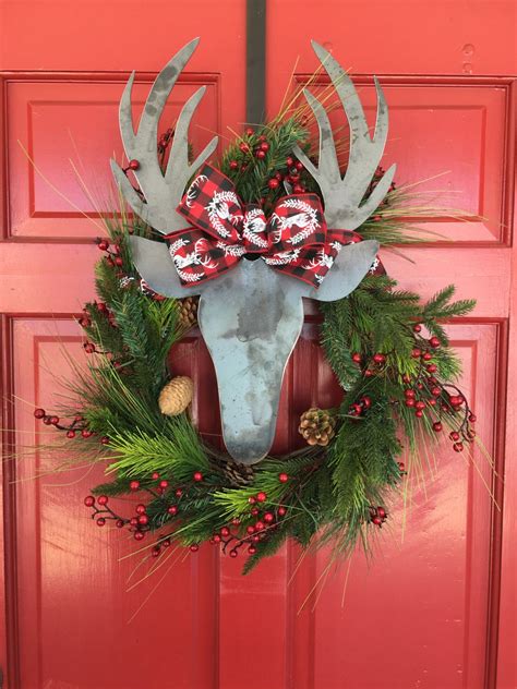 Christmas hanging silver wood side deer wall decoration xmas home decorate piece. Metal Deer Head Holiday Wreath. Door Decor. Pine cones. Berries. Christmas. Oversi… | Christmas ...