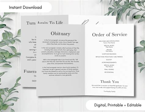 EDITABLE Funeral Program Template Instant Printable Download Memorial