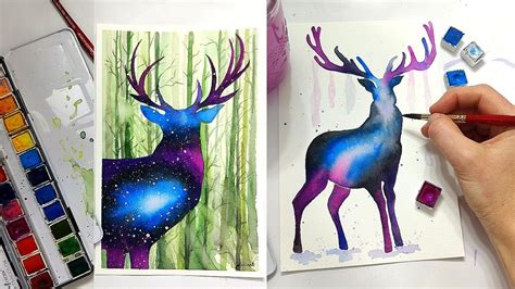 How To Paint Watercolor Christmas Galaxy Deer Painting Stag Watercolor