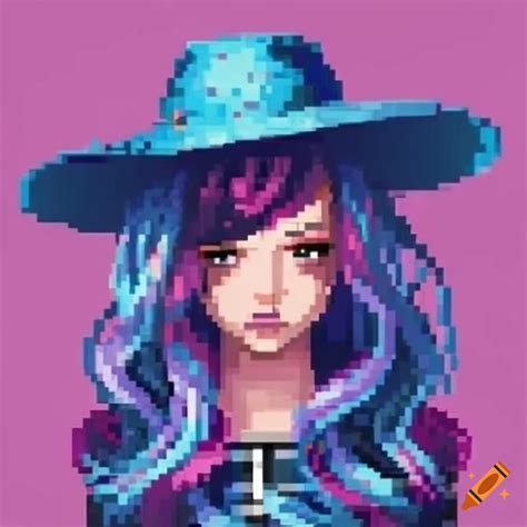 128 X 128 Pixel Art Of A Female Character With Pink And Blue Hair And Hat