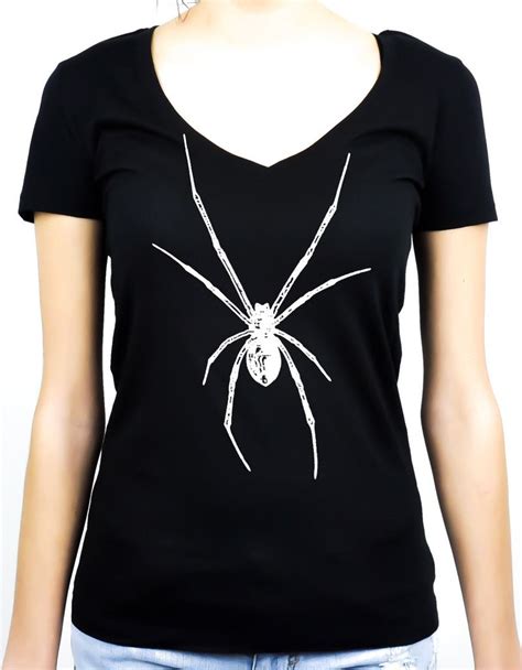 White Print Black Widow Spider Womens V Neck Shirt