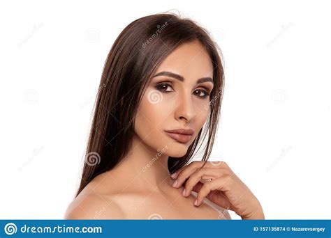 Close Up Portrait Of A Brunette Nude Model Girl With Professional