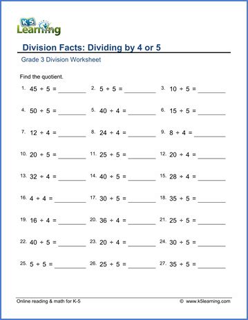 Free 3rd grade math worksheets and games for math, science and phonics including addition online practice,subtraction online practice, multiplication online practice, math worksheets generator, free math work sheets. Grade 3 math worksheet - Division: dividing by 4 or 5 | K5 Learning