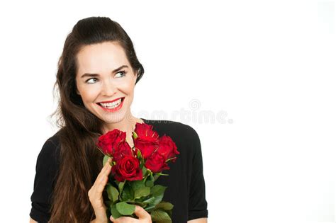 Smiling Woman Holding Roses Stock Photo Image Of Beauty Copyspace