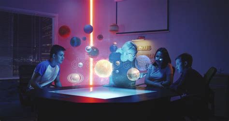 Teacher Giving A Class With Holographic Solar System Stock Image