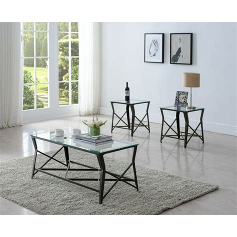 Olten 3 Piece Coffee And End Table Set Bronze Metal Frame And Tempered Glass Top Transitional