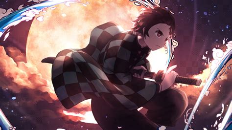 demon slayer tanjirou kamado having sword with background of moon and clouds hd anime wallpapers