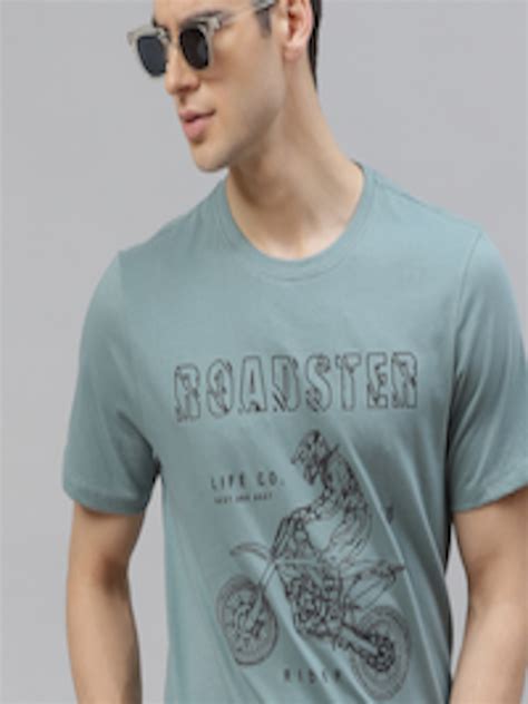 Buy The Roadster Lifestyle Co Men Blue Pure Cotton Printed Round Neck