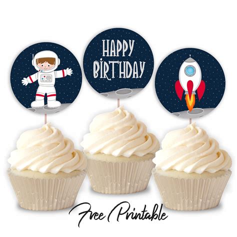 Top off the perfect birthday cake with these bright, gold, glitter acrylic cake toppers that spell out happy birthday! Outer Space Astronaut Spaceship Printable Happy Birthday Cupcake Toppers