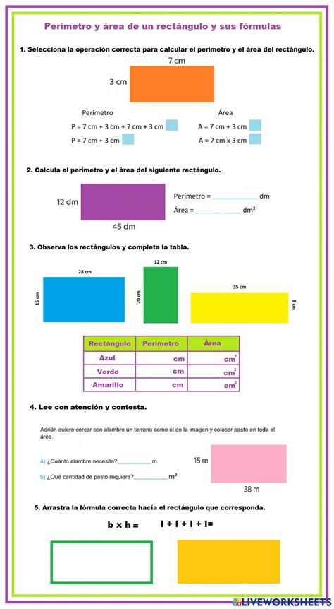 Perímetro Y área De Un Rectángulo Con Fórmulas Worksheet