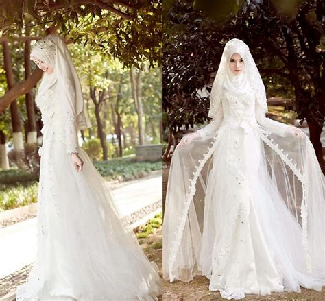 Discount Elegant 2015 A Line Long Sleeves Arab Muslim Wedding Dresses White Lace Appliques Beads
